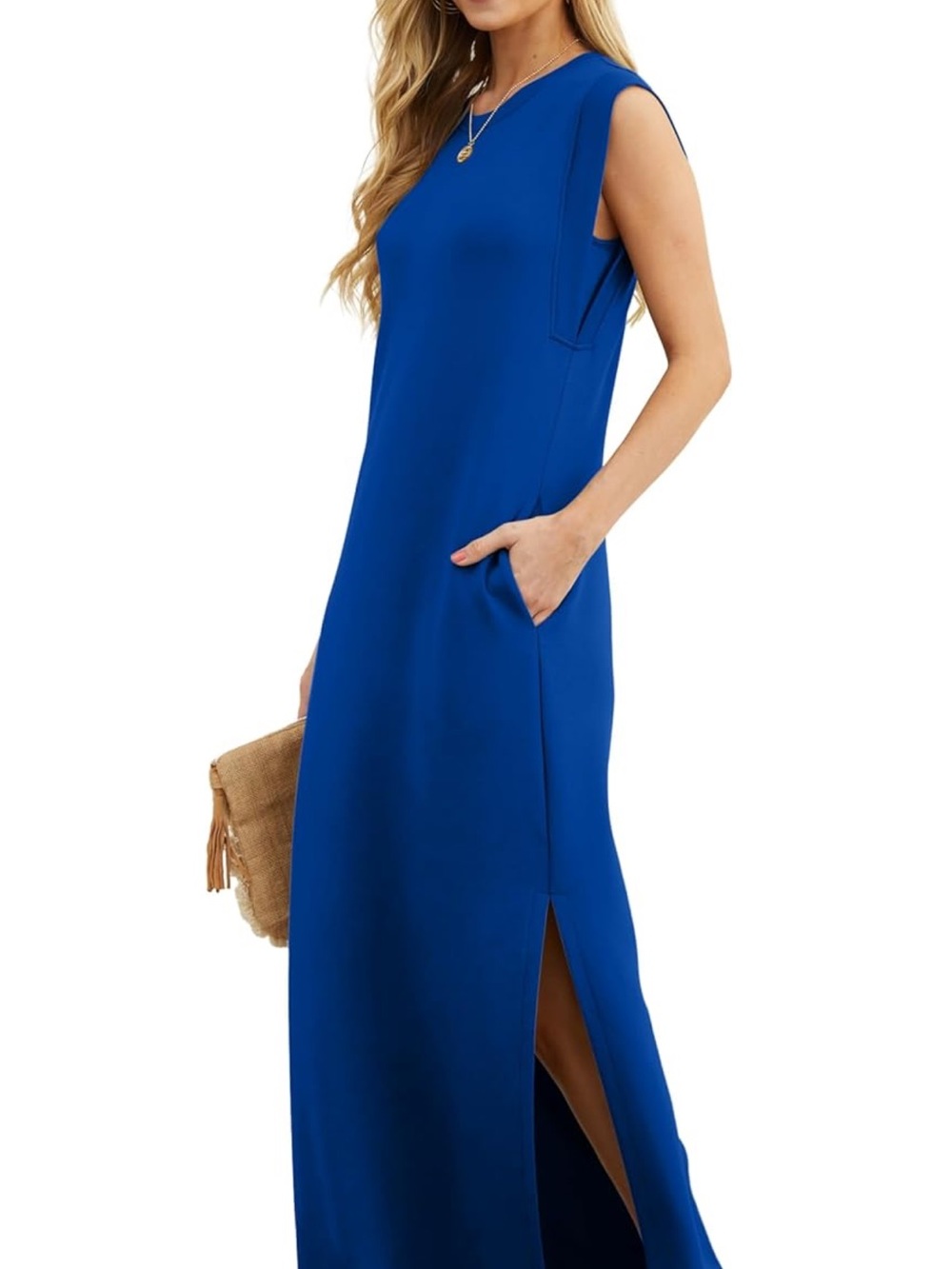 Sleeveless  Blue Maxi Dress with Side Slit